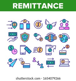 Remittance Finance Collection Icons Set Vector. International Electronic Remittance, Money Dollar Banknote And Coin, Bank Card And Shield Concept Linear Pictograms. Color Illustrations