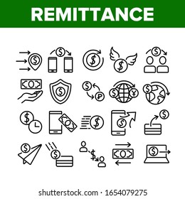 Remittance Finance Collection Icons Set Vector. International Electronic Remittance, Money Dollar Banknote And Coin, Bank Card And Shield Concept Linear Pictograms. Monochrome Contour Illustrations