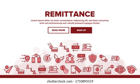 Remittance Finance Landing Web Page Header Banner Template Vector. International Electronic Remittance, Money Dollar Banknote And Coin, Bank Card And Shield Illustration