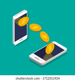 Remittance or money order. Smartphones with coin icon in trendy isometric style. Money movement and online payment. Online banking concept. Vector illustration isolated on color background.