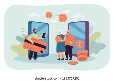 Remittance and money transfer between relatives. Flat vector illustration. Cartoon family making cashless financial transactions, sending money. Bank, mobile transfer payments, online wallet concept