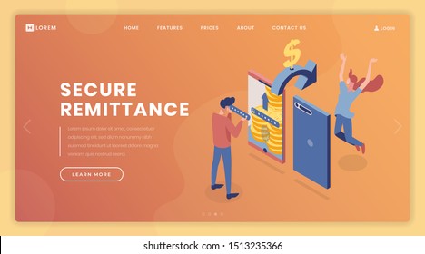 Remittance security landing page vector template. Private account access, online banking webpage, website design layout with isometric illustrations. Man entering confidential code 3d character