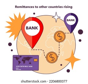 Remittances to other countries rising as a recession indicator. Global money transfer cost increase due ti economic slow down or stagnation. Flat vector illustration