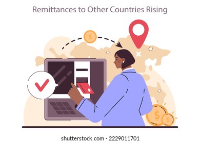 Remittances to other countries rising as a recession indicator. Global money transfer cost increase due ti economic slow down or stagnation. Flat vector illustration