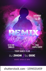 Remix Dance Night Party Flyer Design with Silhouette Woman and Event Details on Purple Watercolor Splash Background.