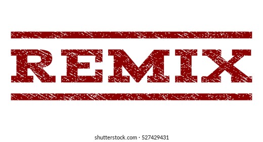 Remix watermark stamp. Text tag between horizontal parallel lines with grunge design style. Rubber seal dark red stamp with dirty texture. Vector ink imprint on a white background.