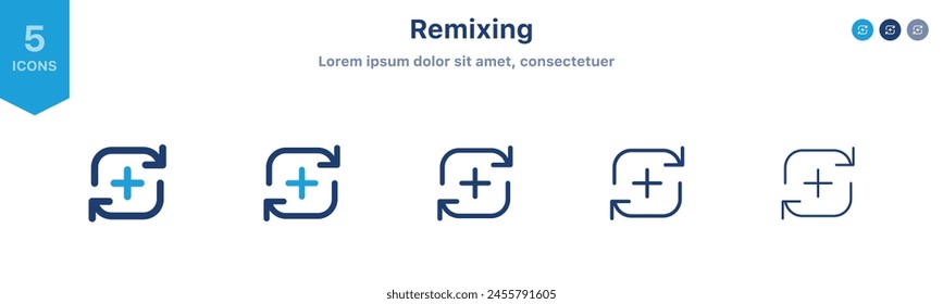 símbolo de icono de mezcla o remezcla. icono de flechas de giro con símbolo más. Círculo de rotación de flecha. Sincronizar repetir y recargar icono de flecha. reciclaje, reciclar icono con dos flechas