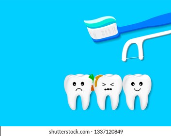 The remnants of food stuck between tooth, need to clean. Cute cartoon teeth character with toothbrush and dental floss. Vecor illustration isolated on blue background. Dental care concept.