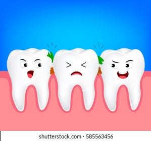 The remnants of food stuck in teeth, need to clean it. Tooth character, illustration. Dental care concept.