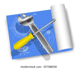 Remodel tool. Screwdriver, spanner, drawing