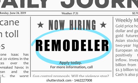 Remodeler Job Offer. Newspaper Classified Ad Career Opportunity.