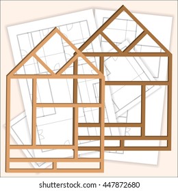 Remodeling house. One frame of the house with the blueprints in the background. Vector illustration