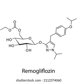 Remogliflozin molecular structure, flat skeletal chemical formula. SGLT2 inhibitor drug used to treat Diabetes type 2. Vector illustration.