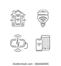 Remote access to different devices linear icons set. Smart home with light bulbs. Ai speaker assistant Customizable thin line contour symbols. Isolated vector outline illustrations. Editable stroke