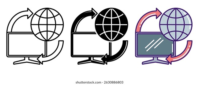Remote Access icon represented by monitor, globe Line, Filled, Color style.