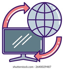 Remote Access icon represented by monitor, globe Lineal Color style.