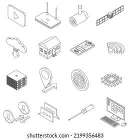 Remote access icons set. Isometric set of remote access vector icons outline thin lne isolated on white