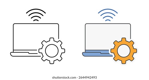 Ícone de configuração de acesso remoto com laptop, ícone de sinal e engrenagem, em estilos de estrutura de tópicos e cores, ideal para ilustrar a configuração de conectividade remota, a configuração de suporte de TI e o fluxo de trabalho de acesso externo seguro