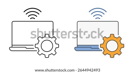 Remote access setup icon with laptop, signal icon, and gear, in outline and color styles, ideal for illustrating remote connectivity configuration, IT support setup, and secure offsite access workflow