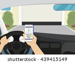 Remote access via smartphone mobile app to the garage door. Flat illustration of human hand holds smartphone with mobile app for remote household control. Man unlocks garage door sitting in the car