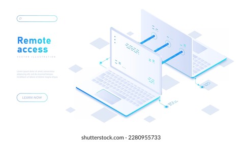 Remote access white banner. Cloud service, connection and information exchange on Internet. Modern technologies and digital world. Landing page design. Cartoon isometric vector illustration