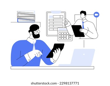 Remote accountant abstract concept vector illustration. Businessman talking with accountant with laptop, digital marketing services, advertising agency, online bookkeeping abstract metaphor.