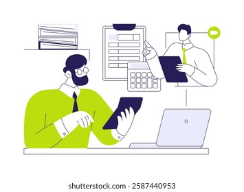 Remote accountant abstract concept vector illustration. Businessman talking with accountant with laptop, digital marketing services, advertising agency, online bookkeeping abstract metaphor.