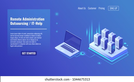 Remote administration service, outsourcing concept, it help, server room rack, database query isometric vector icon