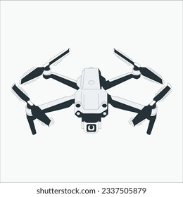 Remote aerial drone with a camera taking photography or video recording. New dark grey drone quadcopter with digital camera and sensors flying isolated on white background. Vector art. 2171