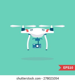 Remote aerial drone with a camera taking photography or video recording . Vector art on isolated background. Flat design.