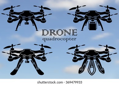 Remote aerial drone with a camera taking photography or video recording , the movement of goods, the ability to float on water and snow skiing, vector illustration.