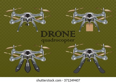 Remote aerial drone with a camera taking photography or video recording , the movement of goods, the ability to float on water and snow skiing, vector illustration.