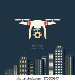 Remote aerial drone with a camera taking photography or video recording . cityscape nigthlight background. Flat design.