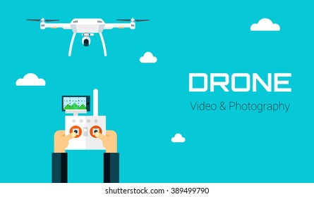 Remote aerial drone with a camera taking photography or video recording . Vector drone and hands on isolated background. Drone and hands with remote control in flat design.