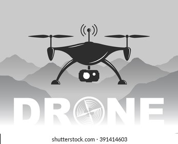 Remote aerial drone with a camera taking photography or video recording. Vector art on isolated background. Flat design. The quadcopter flies over mountains. A vector with an inscription drone. 