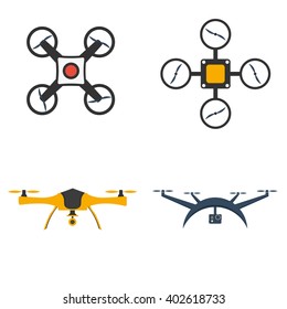 Remote aerial drone with a camera taking photography or video. Flat drones design. Set drones