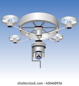 Remote aerial drone with a camera taking photography or video recording . Vector art on isolated background. Isometric design, flying drone, quadrocopter.