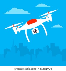 Remote aerial drone with a camera taking photography or video recording under the town. Vector art on isolated background. Flat design.