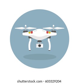 Remote aerial drone with a camera taking photography or video recording . Vector art on isolated background. Flat design.