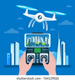 Remote aerial drone with a camera taking photography or video recording City background Vector illustration