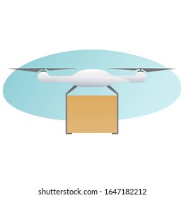 Remote air drone with a box flying in the sky. Modern delivery of the package by flying drone. Flat illustration of the express package delivery. White quadrocopter carrying carton box isolated on a