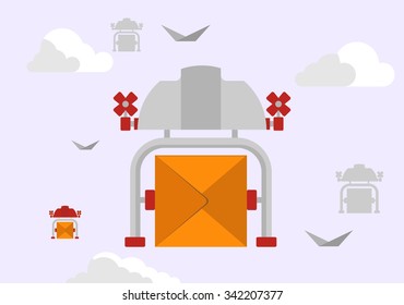 Remote air drone with a box flying in the sky. Concept for delivery service.Flat design colored vector illustration.
