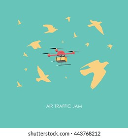 Remote Air Drone With A Box Flying In The Sky With The Birds. Modern Delivery Of The Package By Flying Drone. Vector Art On Isolated Background. Flat Design.