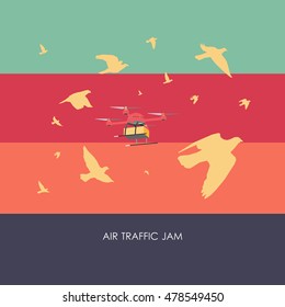 Remote air drone with a box flying in the sky with the birds. Modern delivery of the package by flying drone. Vector art on isolated background. Flat design.