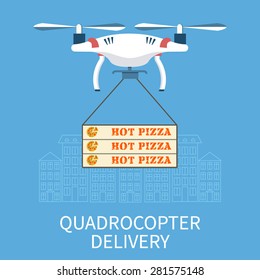 Remote air drone flying with boxes of hot pizza. Vector concept for quadcopter delivery. Outline city on background. Trendy flat design.