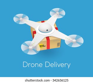 Remote air white modern drone with a box flying against blue background. Isometric vector illustration