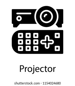 
A remote along with hardware device with a lense showing projector 
