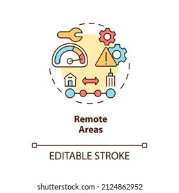 Remote Areas Concept Icon. Rural Electrification Obstacles Abstract Idea Thin Line Illustration. Isolated Outline Drawing. Editable Stroke. Roboto-Medium, Myriad Pro-Bold Fonts Used