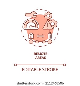 Remote Areas Red Concept Icon. Rural Electrification Obstacles Abstract Idea Thin Line Illustration. Isolated Outline Drawing. Editable Stroke. Roboto-Medium, Myriad Pro-Bold Fonts Used