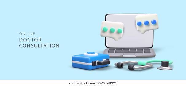 Remote assistance of doctor, consultation, diagnostics. Application for receiving informational medical assistance. Online communication with doctor. 3D laptop, first aid kit, stethoscope